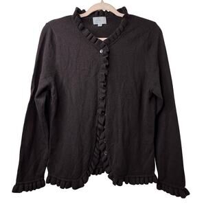 Sz 12 Pure Collection Cashmere Cardigan Sweater Brown Ruffle Quiet Luxury Chic